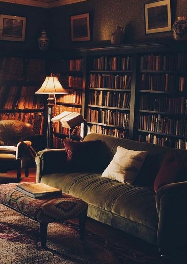 Ta aksamitna zielona kanapa, światełko i książki...
